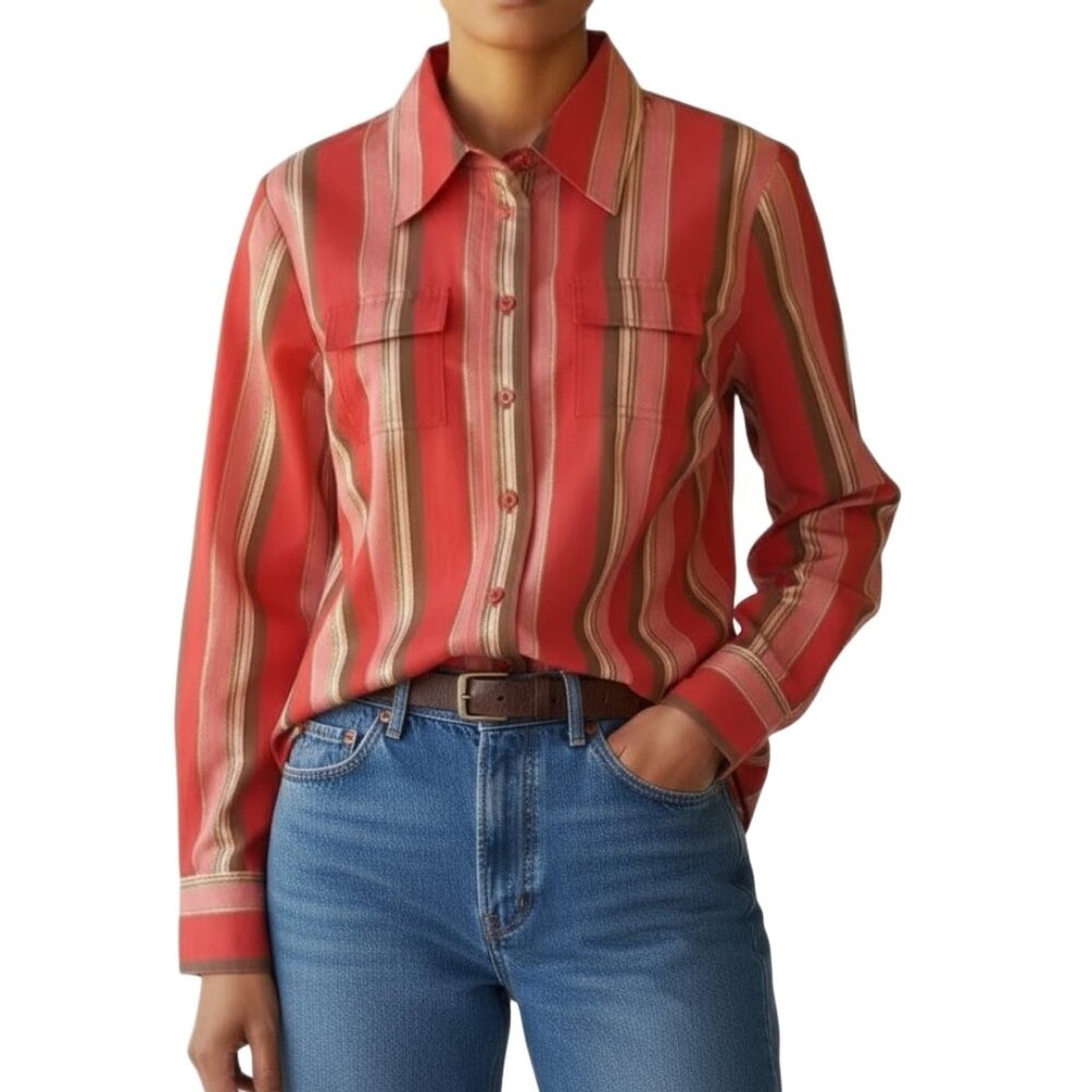 Lane Bryant Striped Blouse Red with Gold Threading Button Front Size 14/16